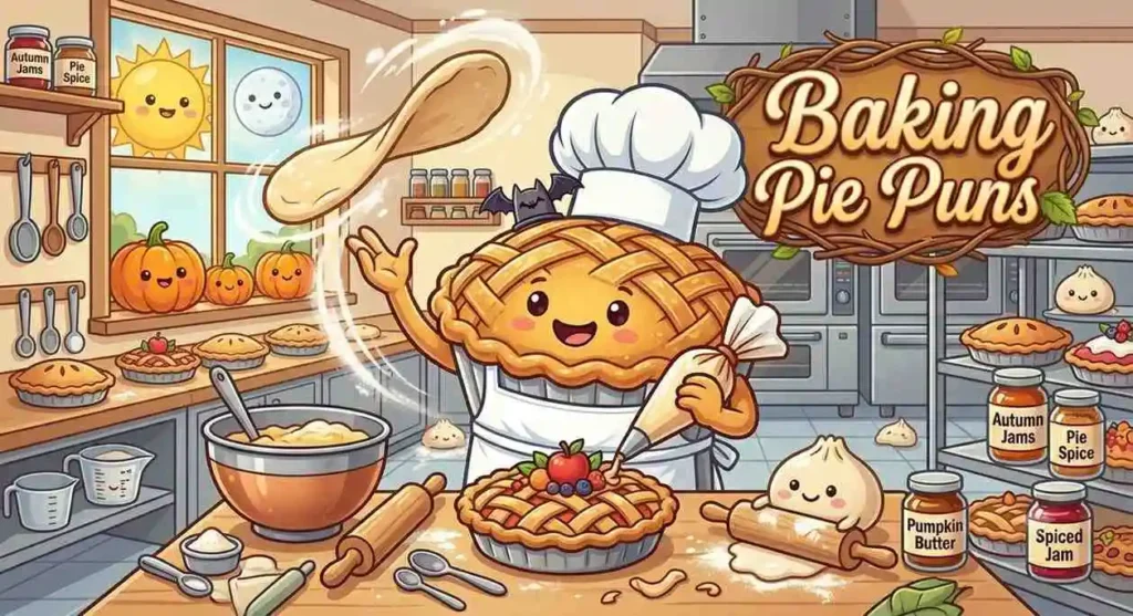 Cartoon pie chef baking happily