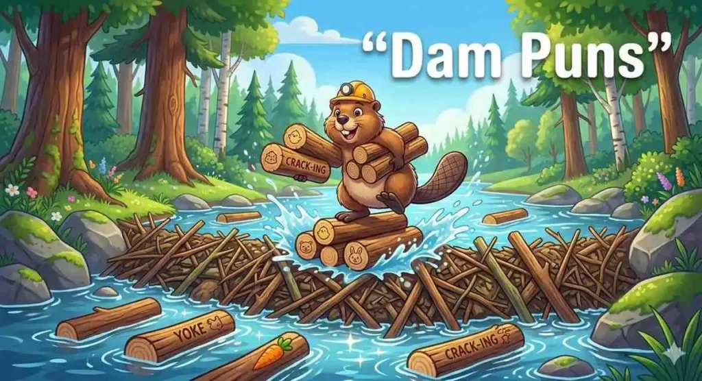Cartoon beaver building wooden dam