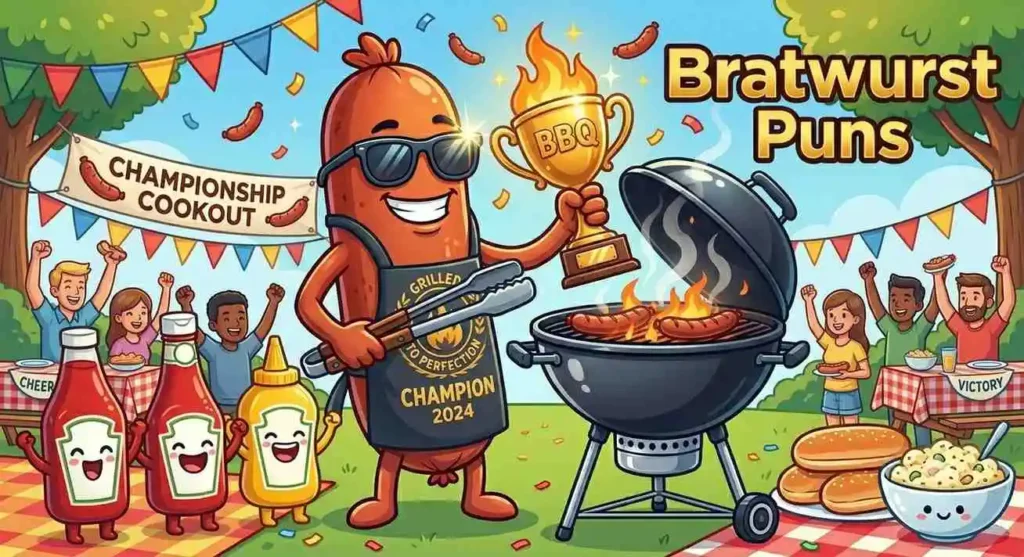 Cartoon bratwurst winning cookout contest