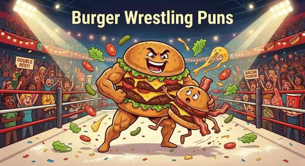 Funny burger wrestlers battling inside ring.