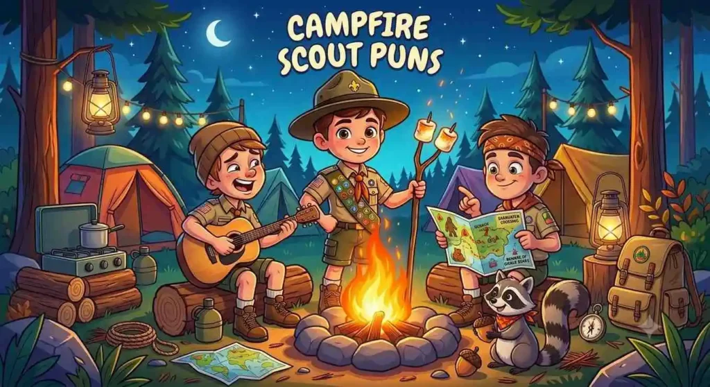 Cartoon scouts around campfire laughing