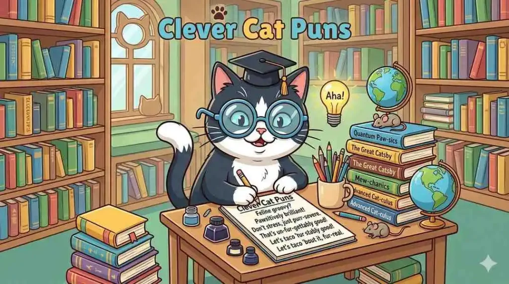 Smart cartoon cat reading books