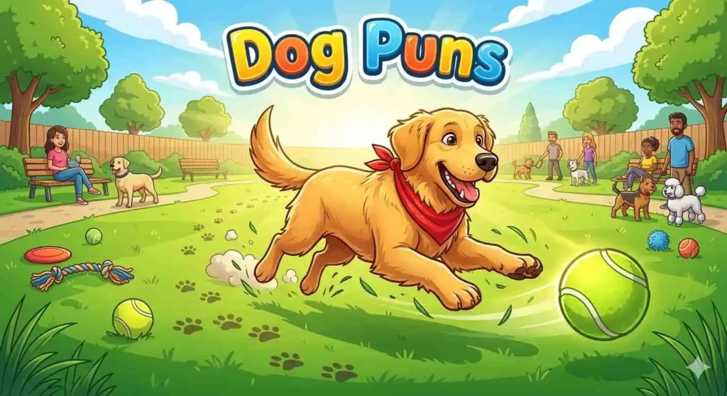 Funny cartoon dog chasing tennis ball