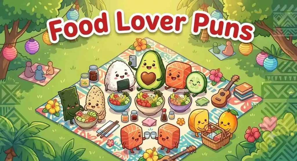 Cute foodie characters sharing poke bowls