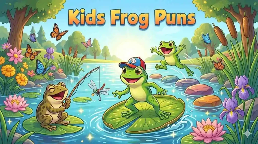 Playful cartoon frogs on adventure