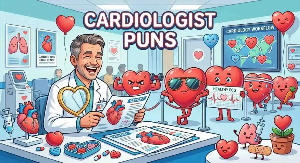 Cartoon cardiologist checking hearts