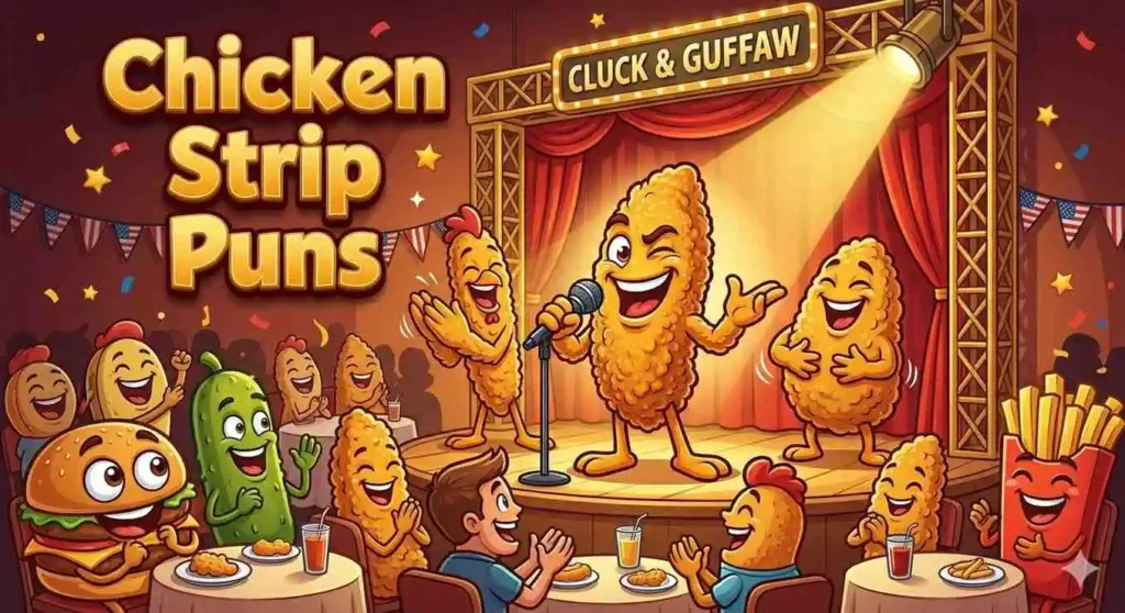 Cartoon chicken strips performing comedy