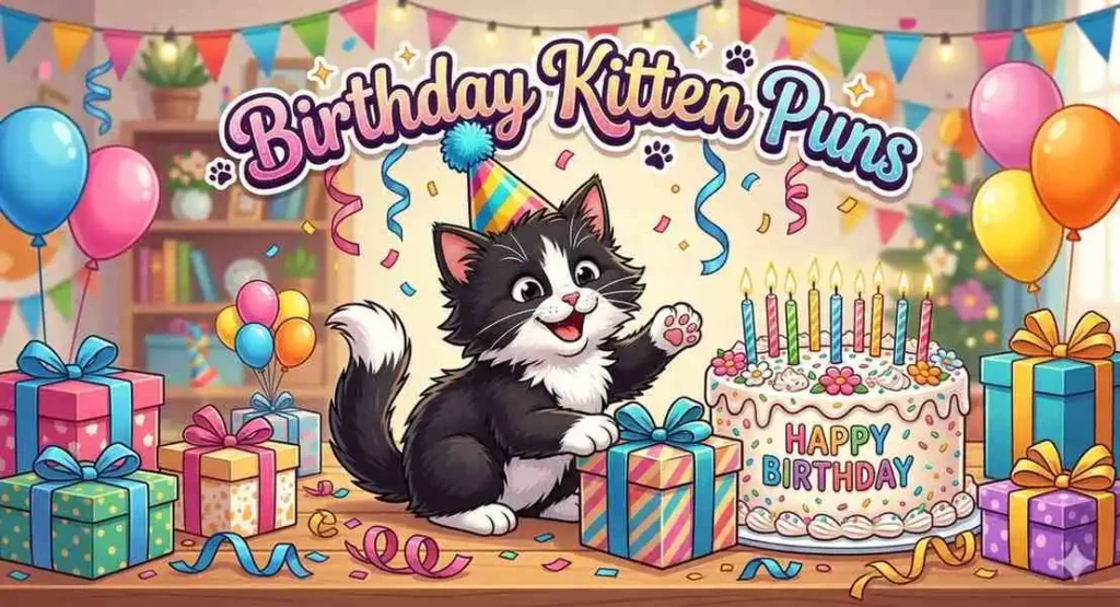 Birthday kitten with cake and balloons