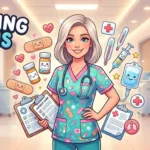 Funny cartoon nurse with medical supplies