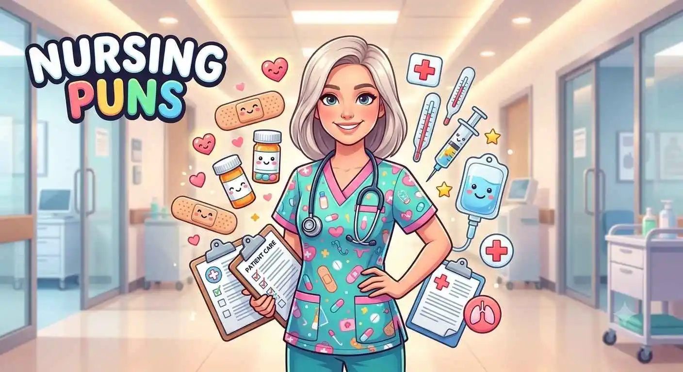 Funny cartoon nurse with medical supplies
