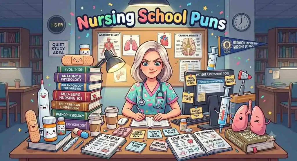 Cartoon nursing student studying textbooks