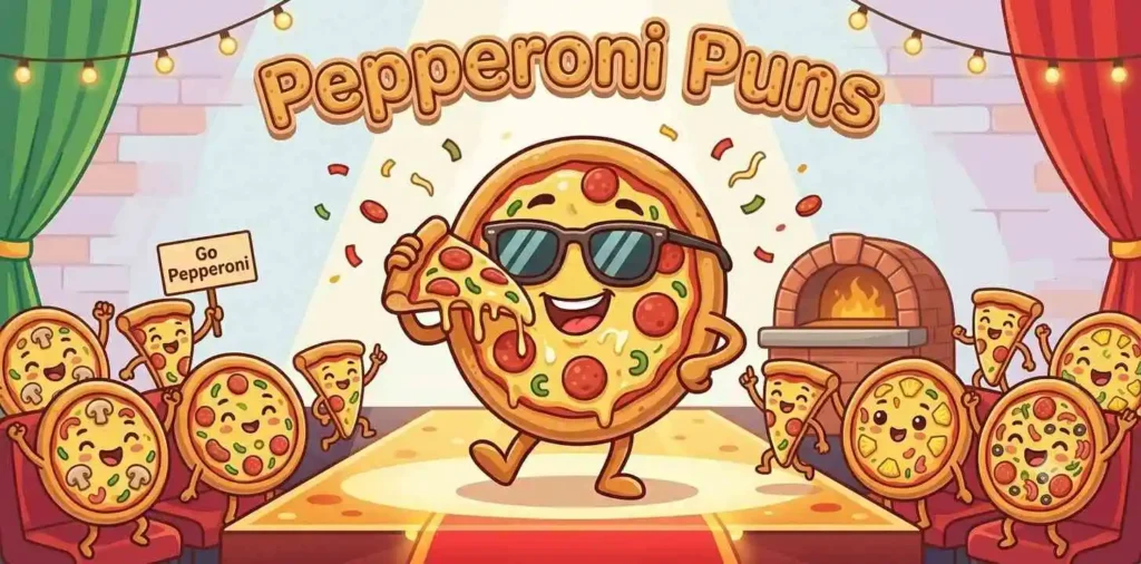 Happy pepperoni pizza mascot dancing