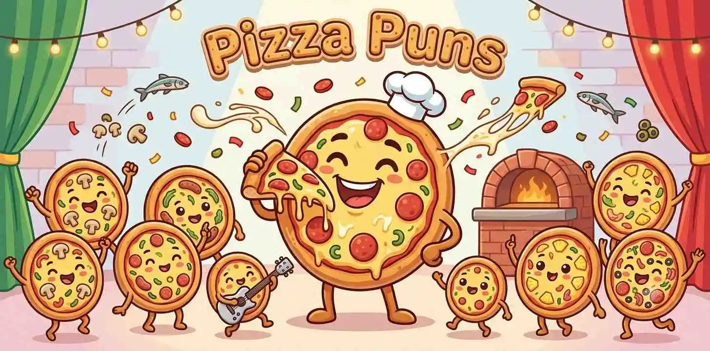 Funny cartoon pizza characters celebrating together
