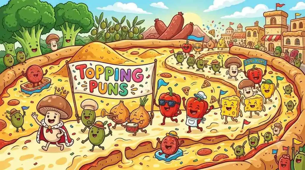 Cartoon pizza toppings having fun