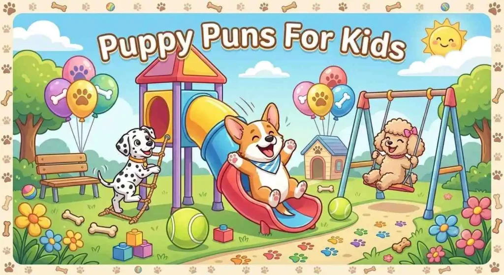 Puppies playing at a playground