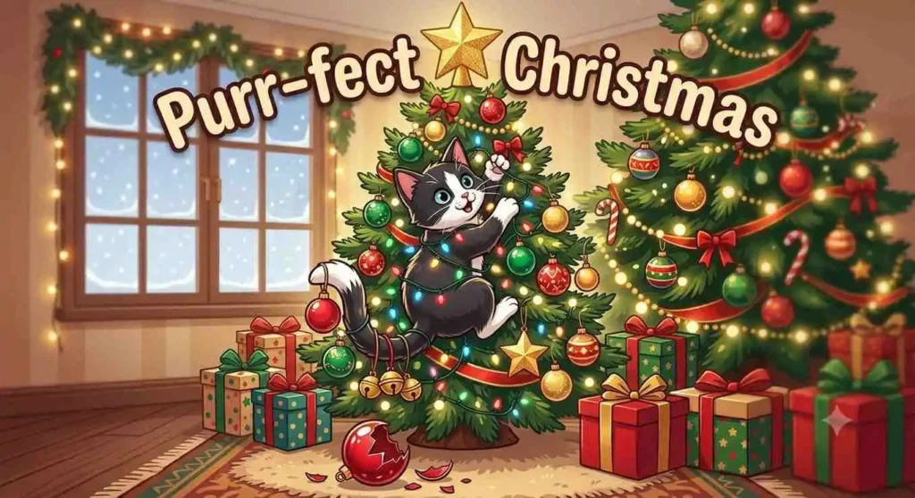 Funny cat decorating Christmas tree