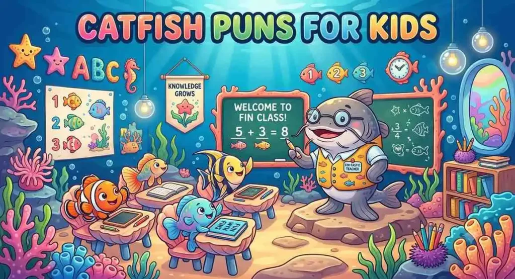 catfish teacher with happy fish students
