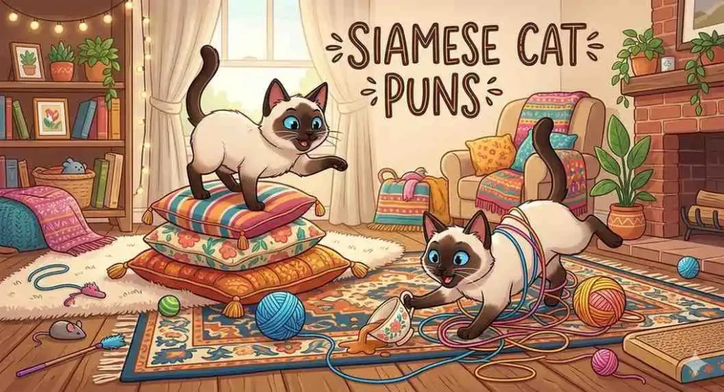 Cartoon Siamese cats doing funny activities