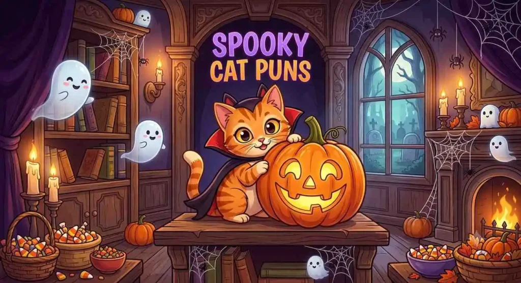 Funny spooky cat in haunted house