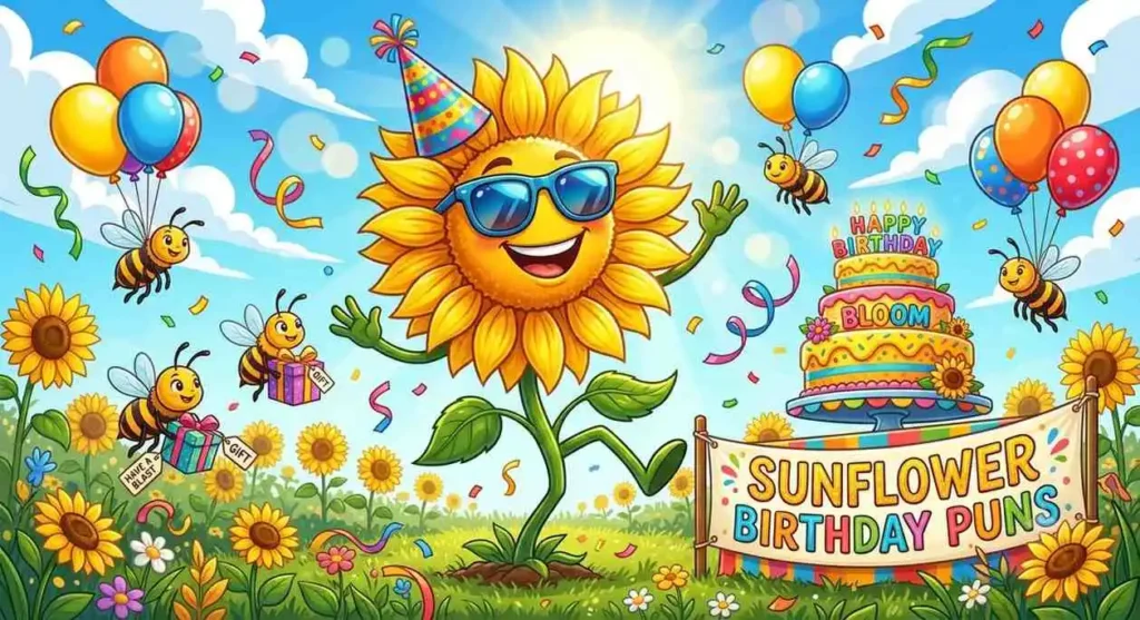 Funny sunflower birthday party illustration