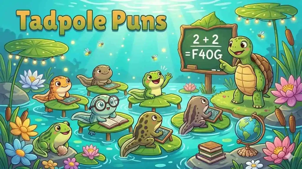 Cute cartoon tadpoles learning together