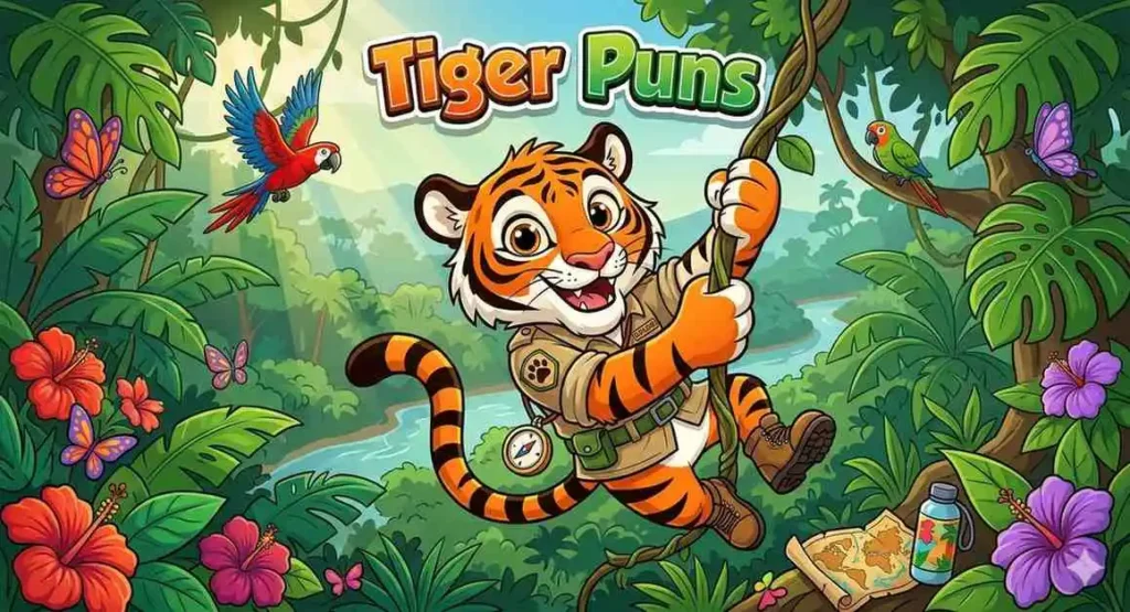 Playful cartoon tiger in jungle