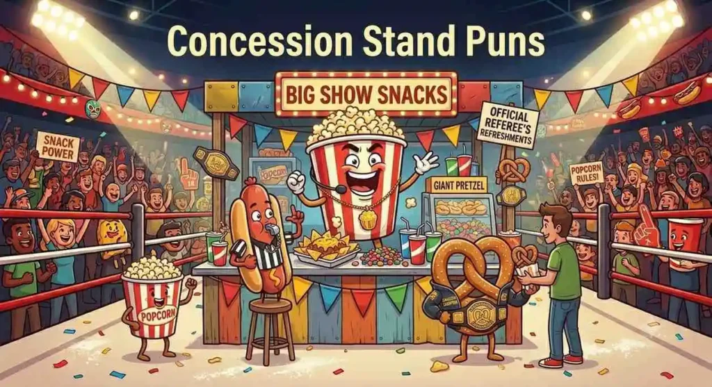 Cartoon concession foods running wrestling stand.