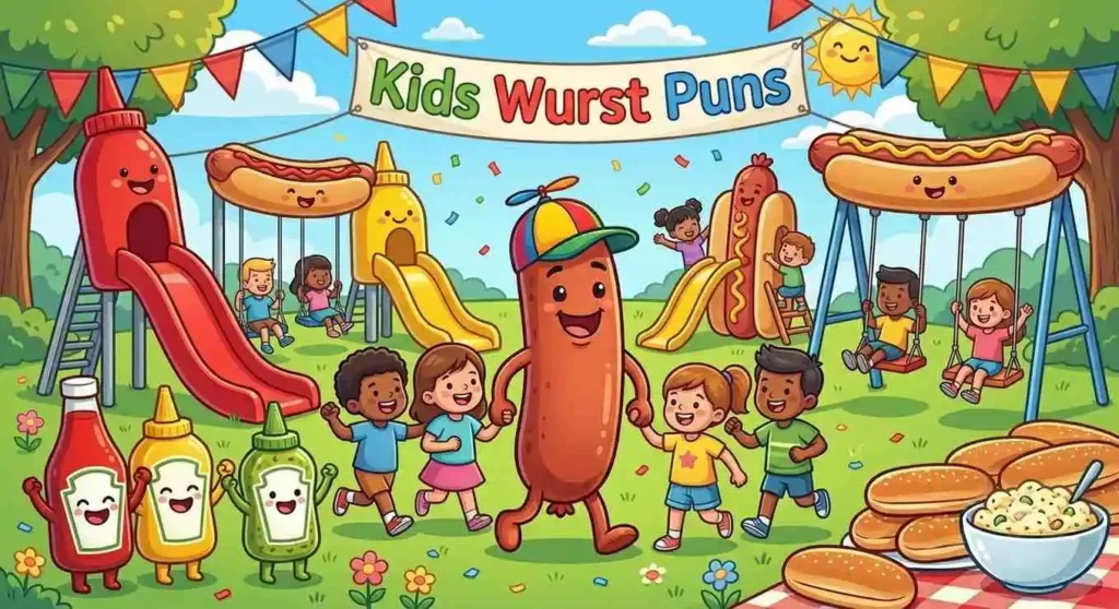 Happy sausage character with children