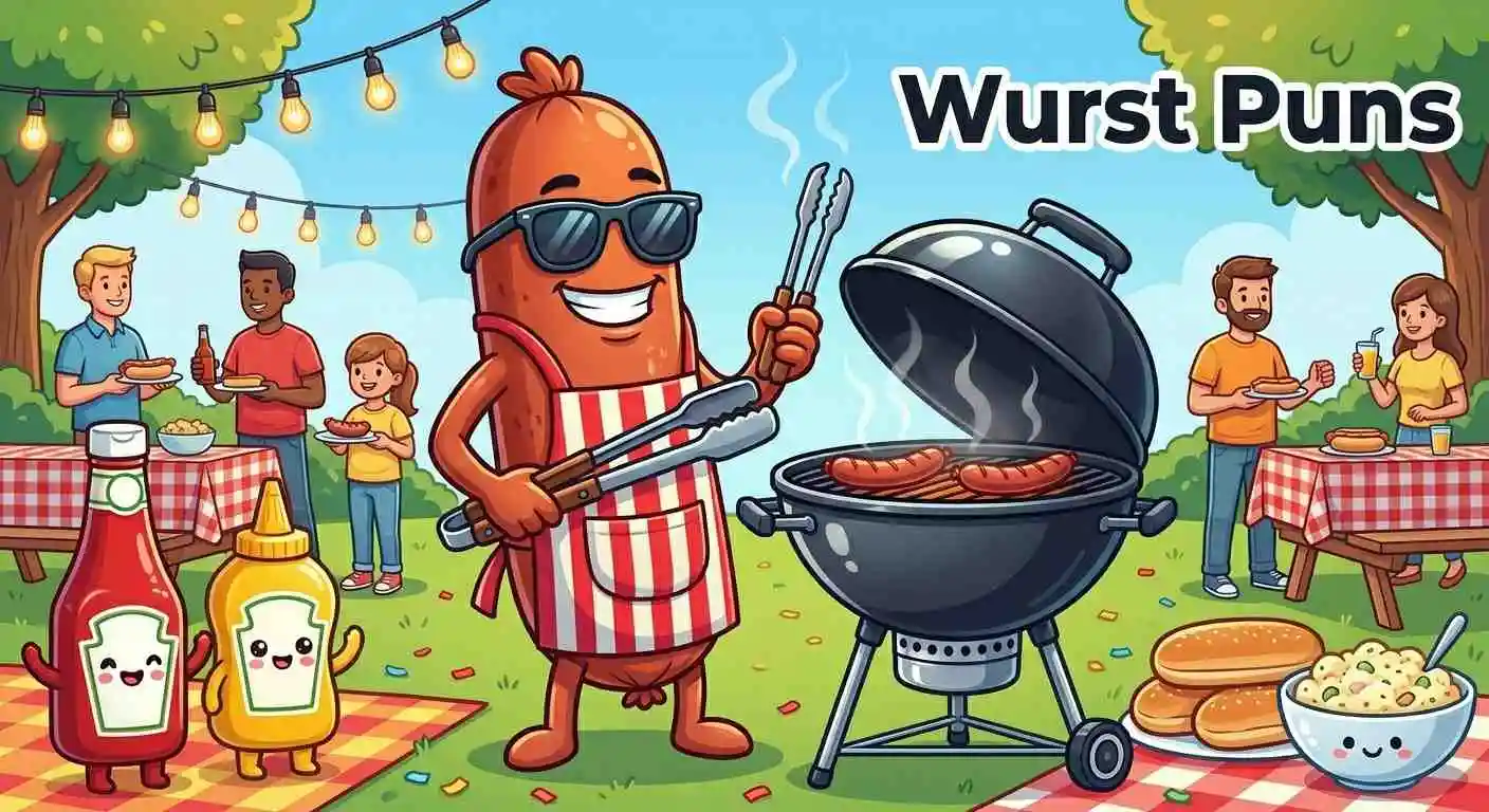 Funny bratwurst mascot grilling happily