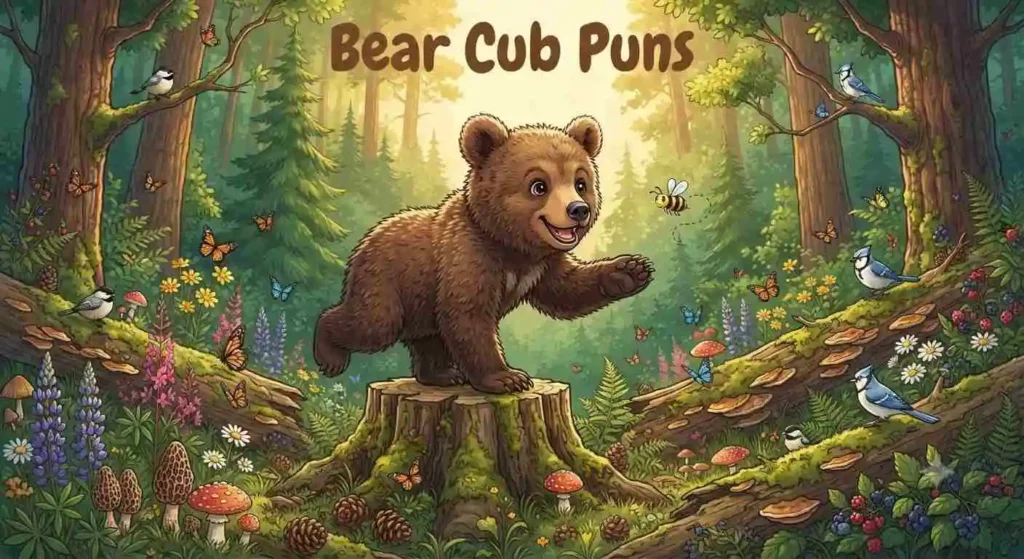 Playful bear cub exploring forest
