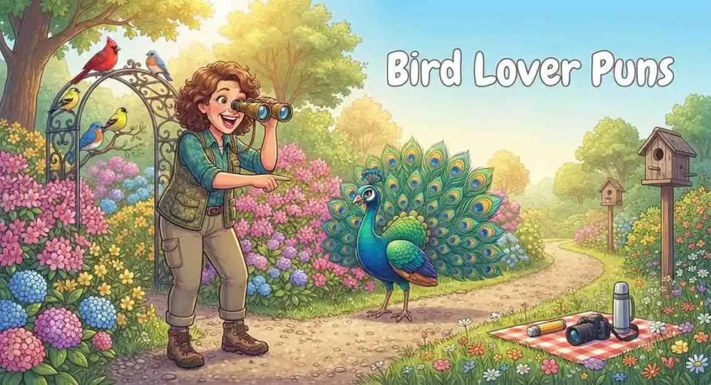 Happy birdwatcher meeting peacock