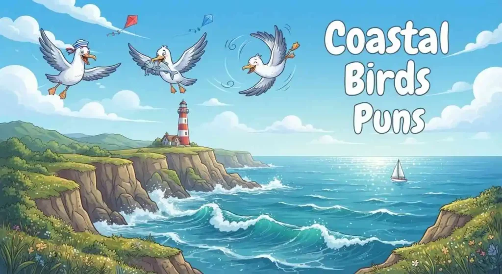 Happy seagulls flying above coast