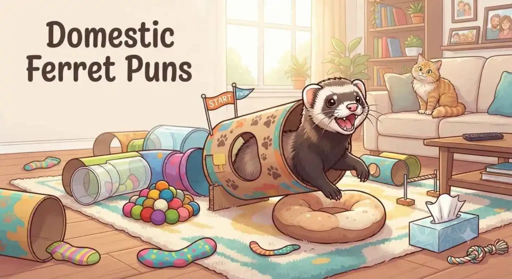 Playful pet ferret exploring home