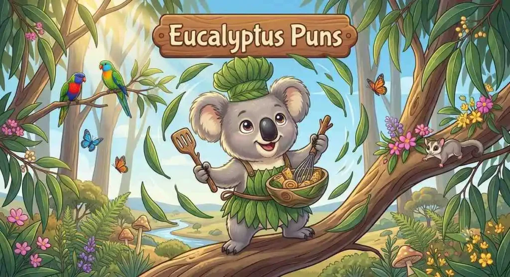 Funny koala eating eucalyptus leaves