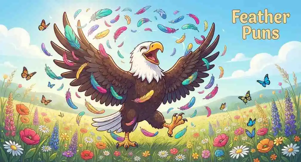 Happy eagle surrounded by feathers