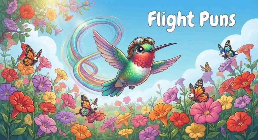 Funny hummingbird hovering beside flowers