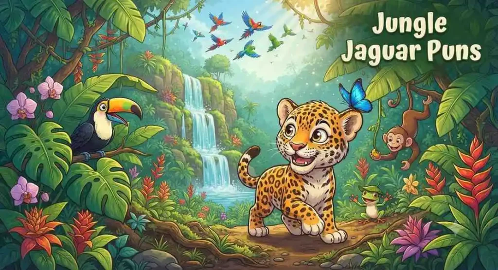 Funny jungle jaguar exploring rainforest