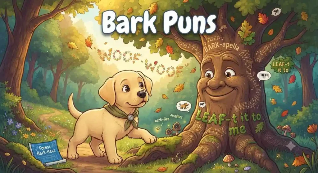Labrador barking near funny tree