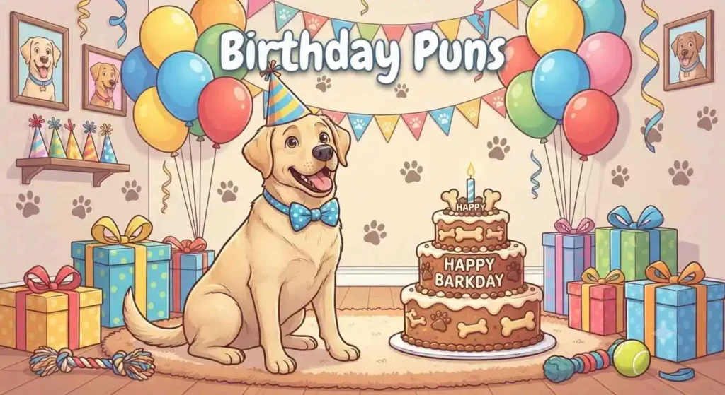 Happy Labrador celebrating birthday party