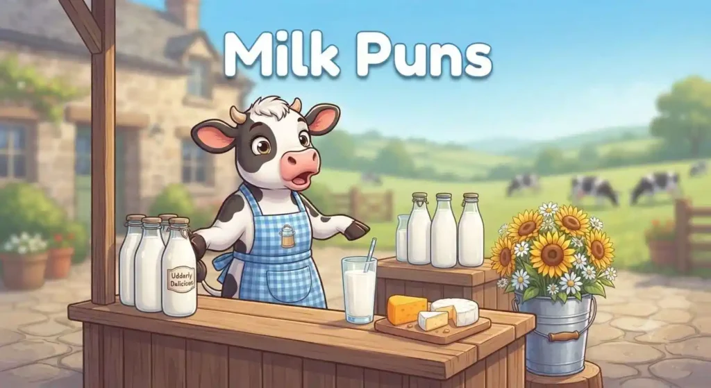 cow enjoying milk pun theme
