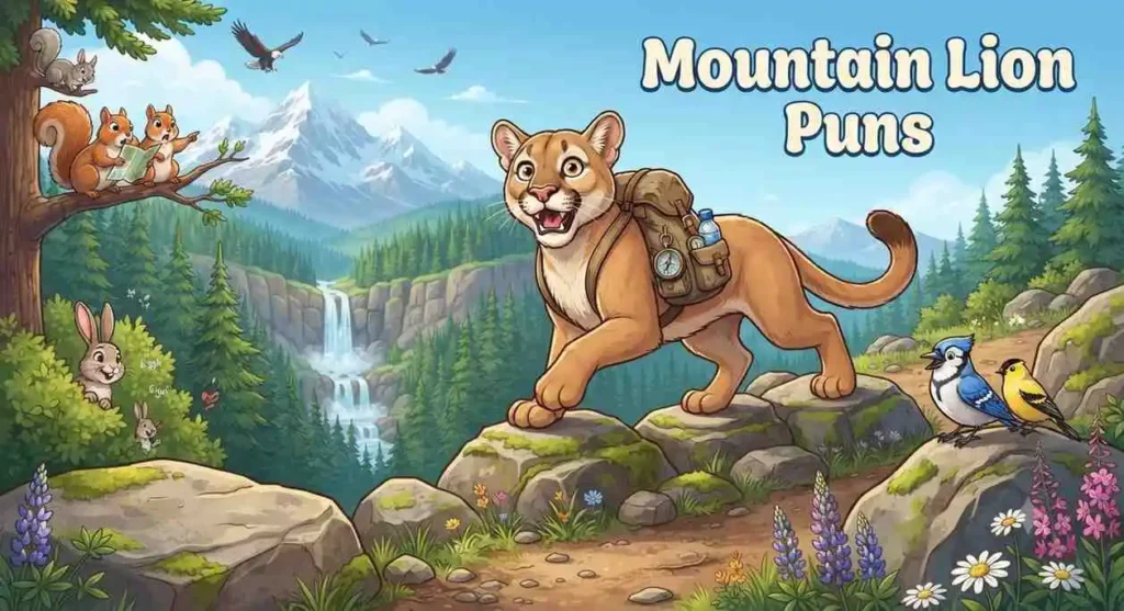 mountain lion hiking happily