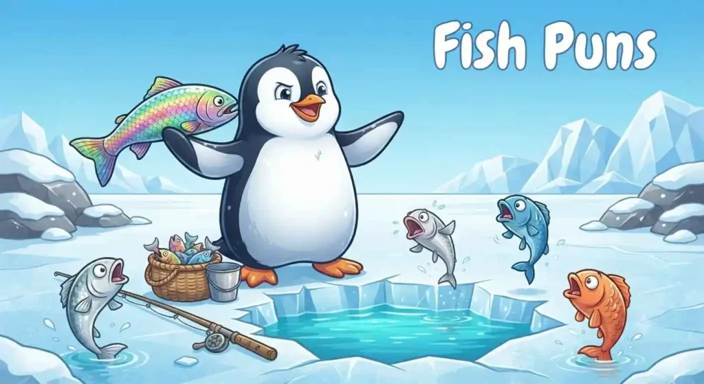 Penguin holding funny colorful fish