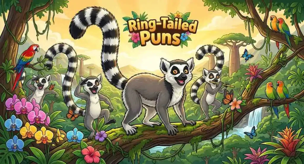 Ring-tailed lemurs marching together