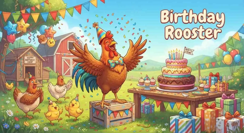 Birthday rooster celebrating happily