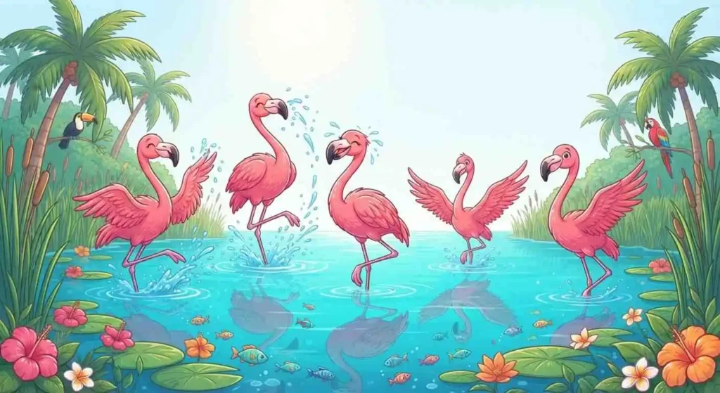 Flamingos splashing through shallow water