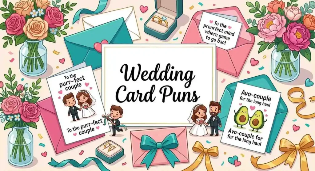 Wedding cards and happy couple celebration