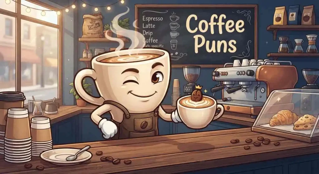 Funny coffee character at cafe