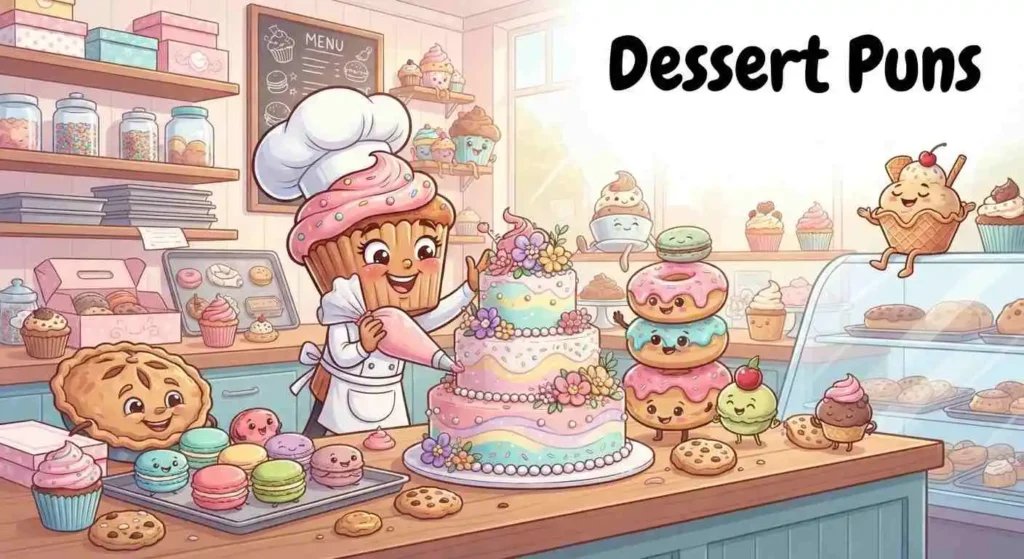 Funny desserts in colorful bakery