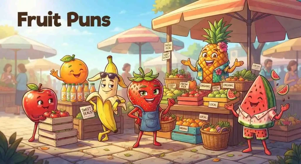 Funny fruit characters at market