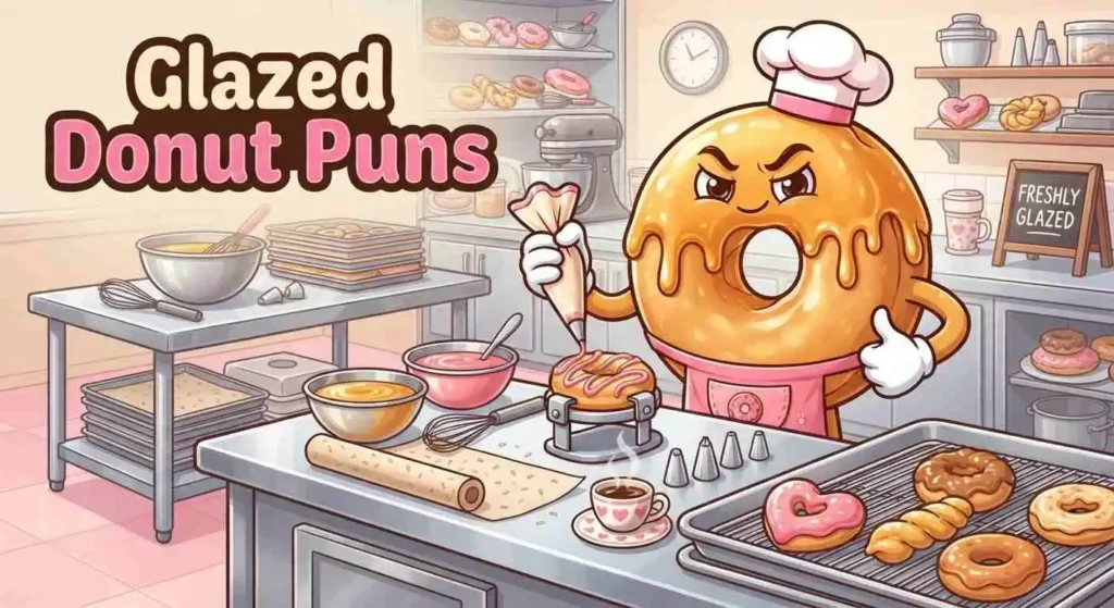 Funny glazed donuts at bakery counter
